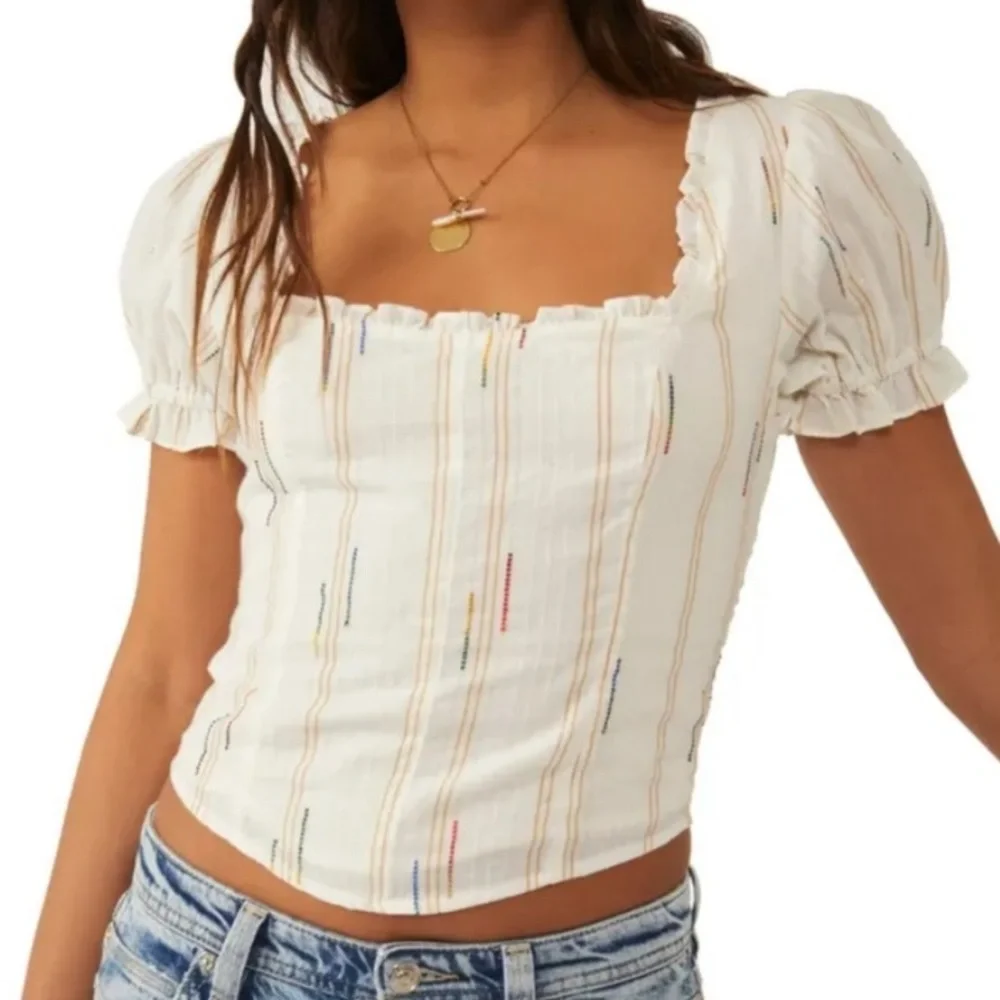 Free People Serotonin Corset Top White Puff Sleeve Top Colorful Rainbow Stitches